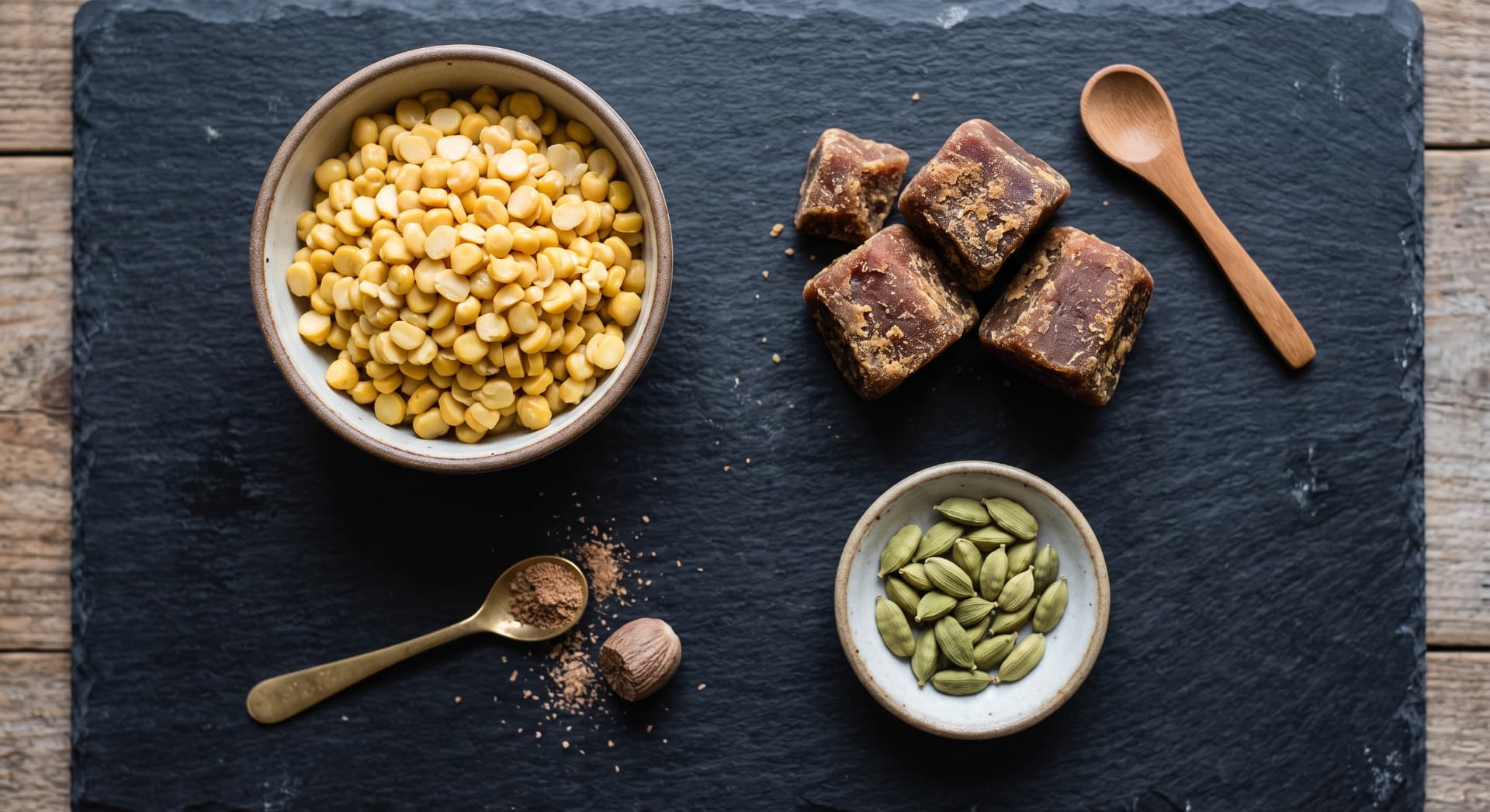 Chana dal, jaggery blocks, cardamom and nutmeg weighed out on slate for testing