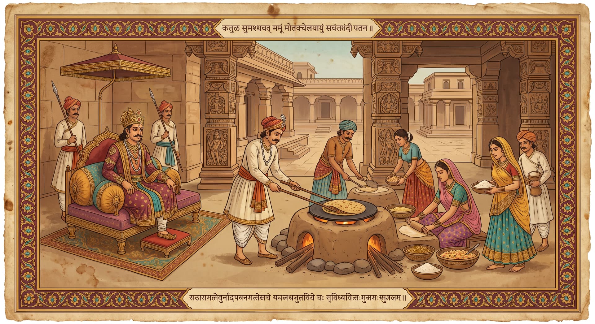 Illustrated folio of a Chalukya court kitchen griddling stuffed flatbreads