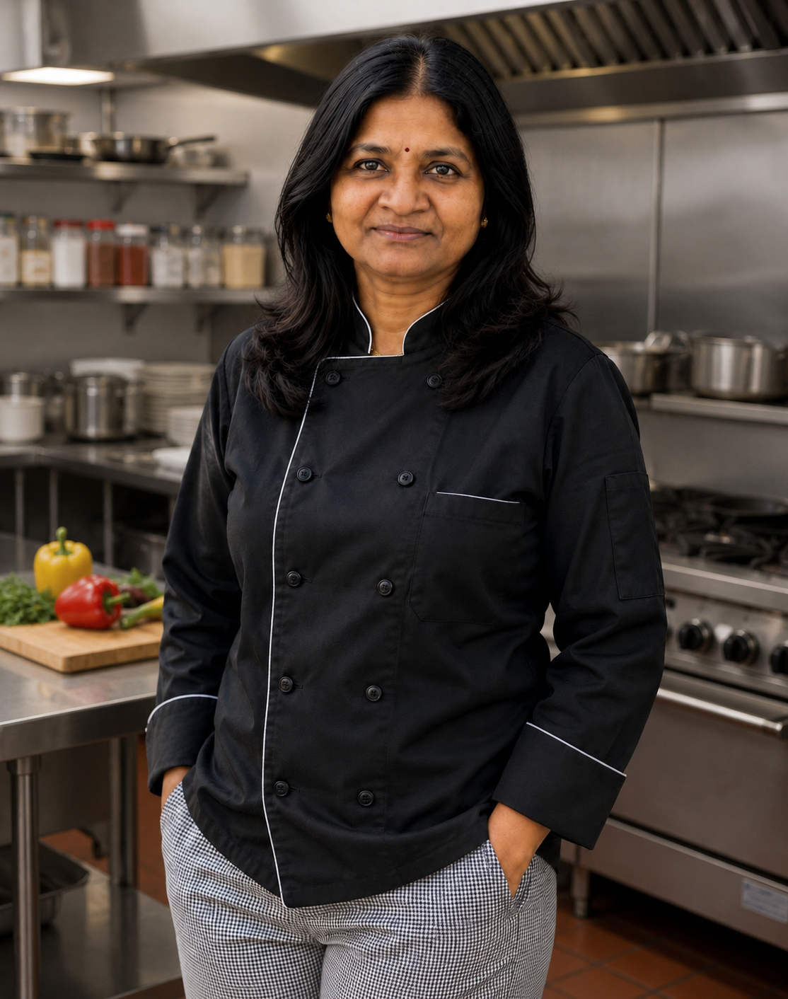 Sarada Kumari Mitana in chef whites in a professional kitchen