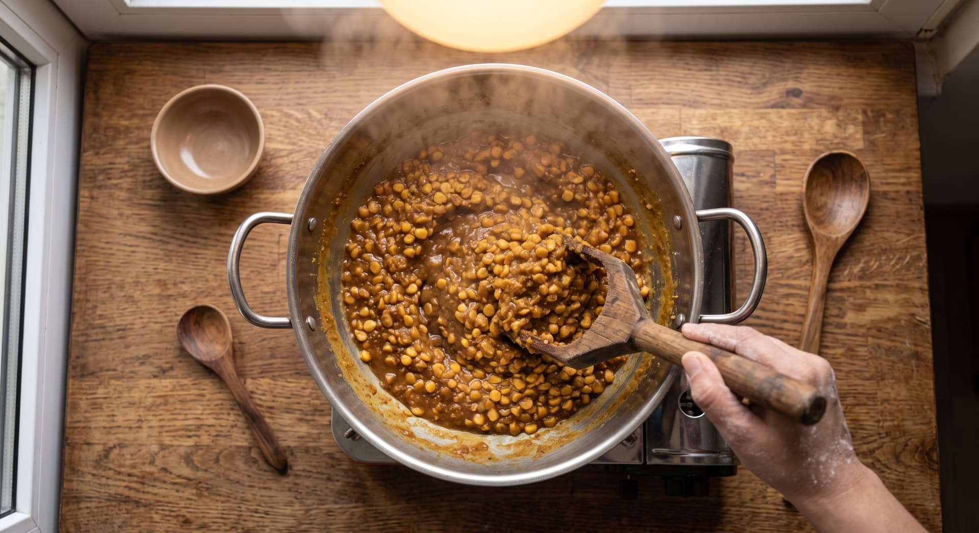 Jaggery and dal thickening in the pan
