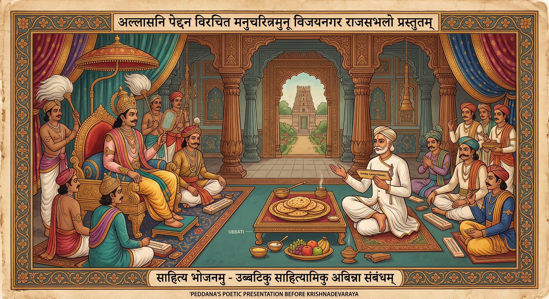Peddana presenting Manucharitra before Krishnadevaraya, bobbatlu on the low table
