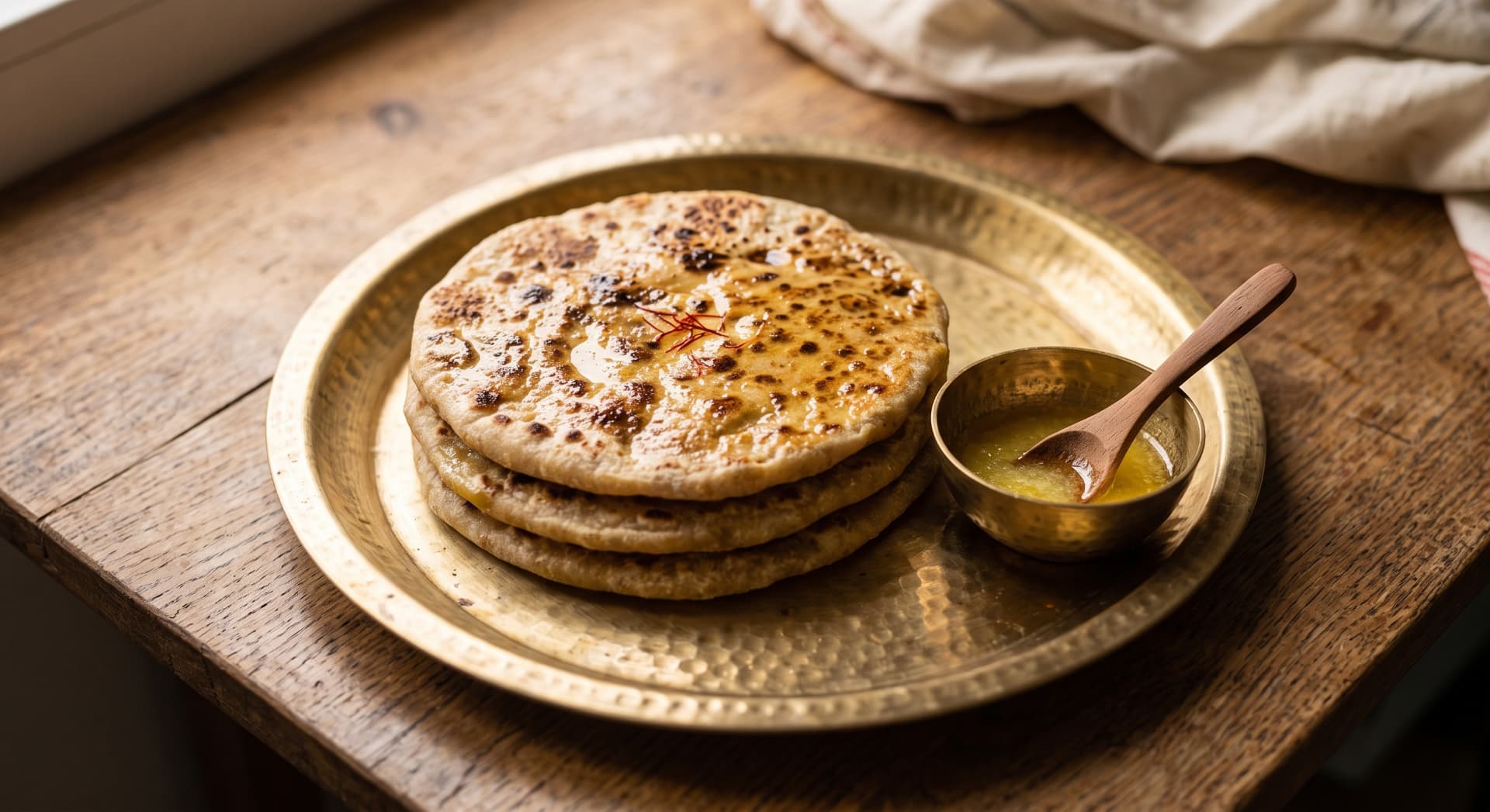 A stack of freshly made bobbatlu on a hammered brass plate with a bowl of warm ghee