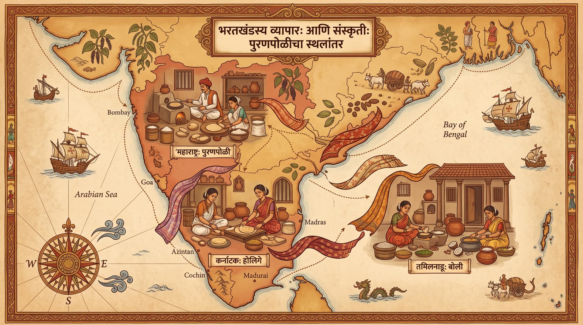 Illustrated trade map tracing the dish across Maharashtra, Karnataka and Tamil Nadu