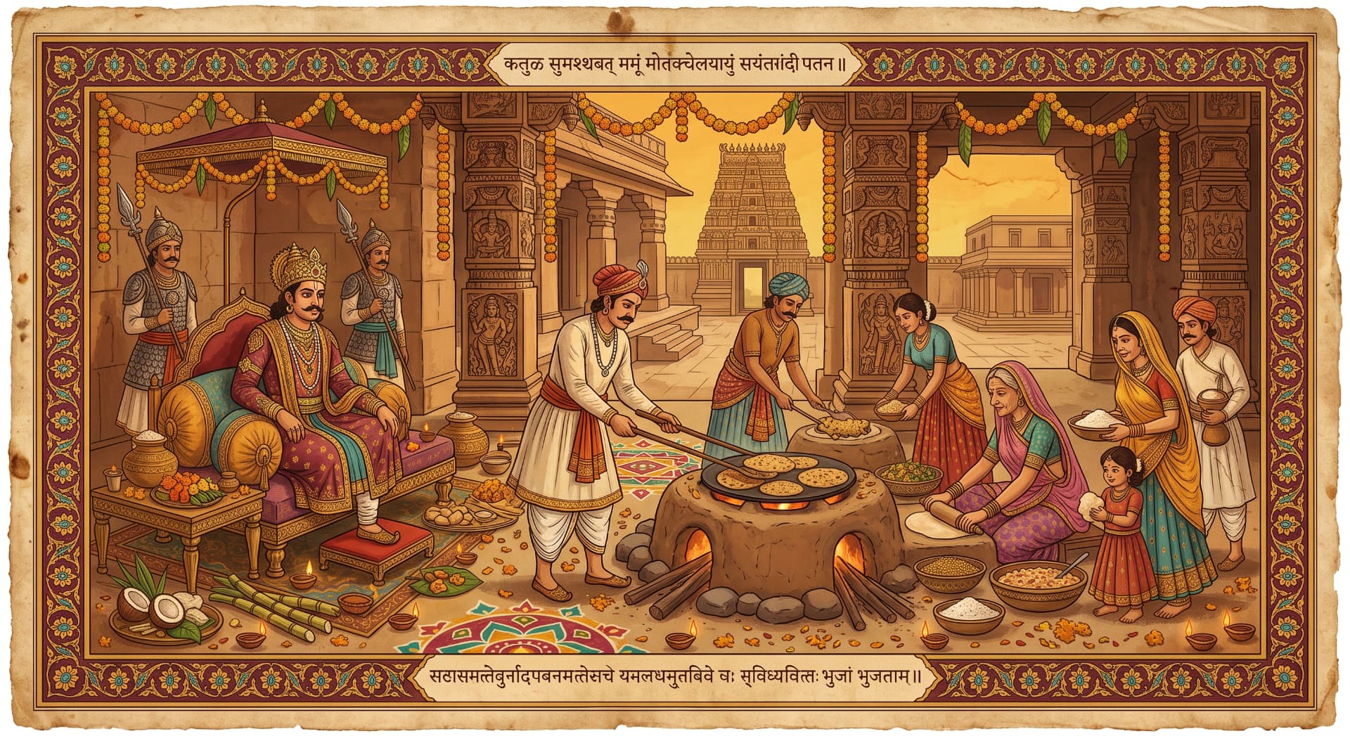 Festival courtyard scene with marigold garlands and a communal griddle